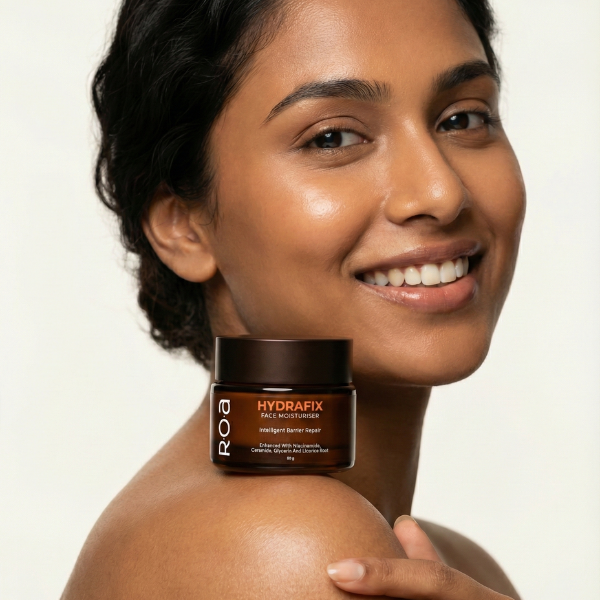 Indian skincare model with glowing skin and smiling face