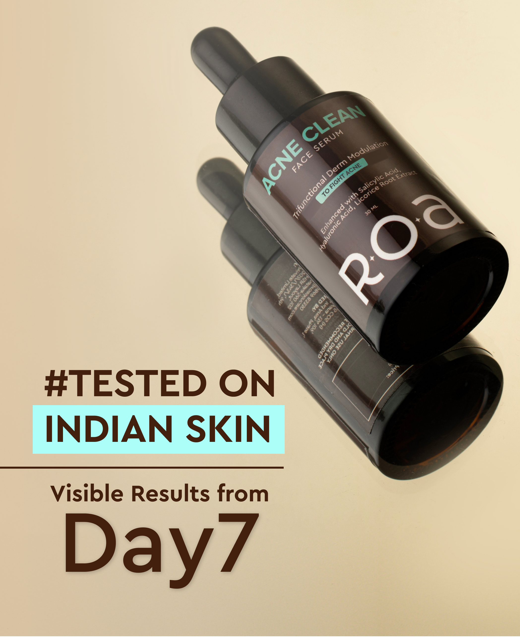 Two bottles of RoA Acne Clean Face serum on a beige background with text about skin testing and results.